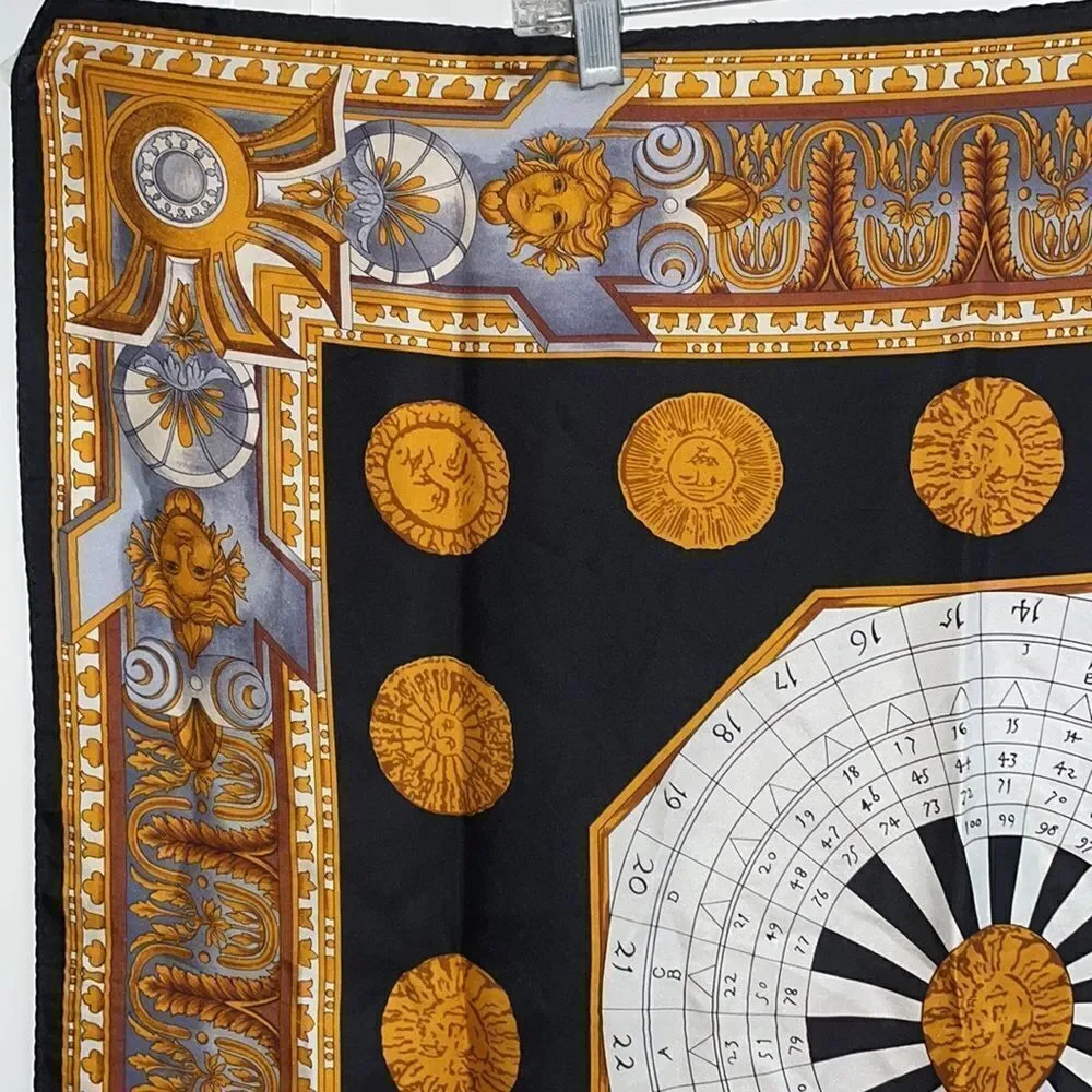Vtg Alfred Sung black, gold, gray & white silk sun‎ astrology large square scarf